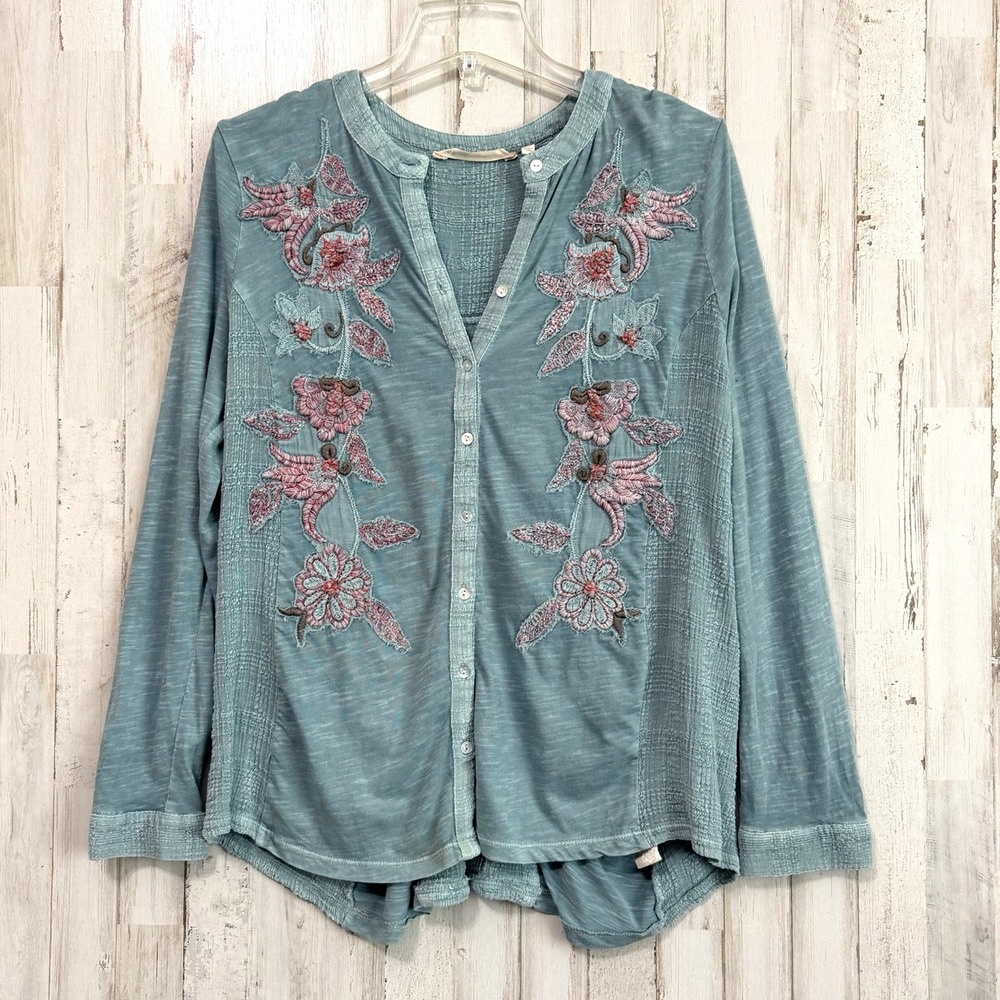 Soft Surroundings L'Enchante Top Shirt M Petite Embroidered Button Front Boho